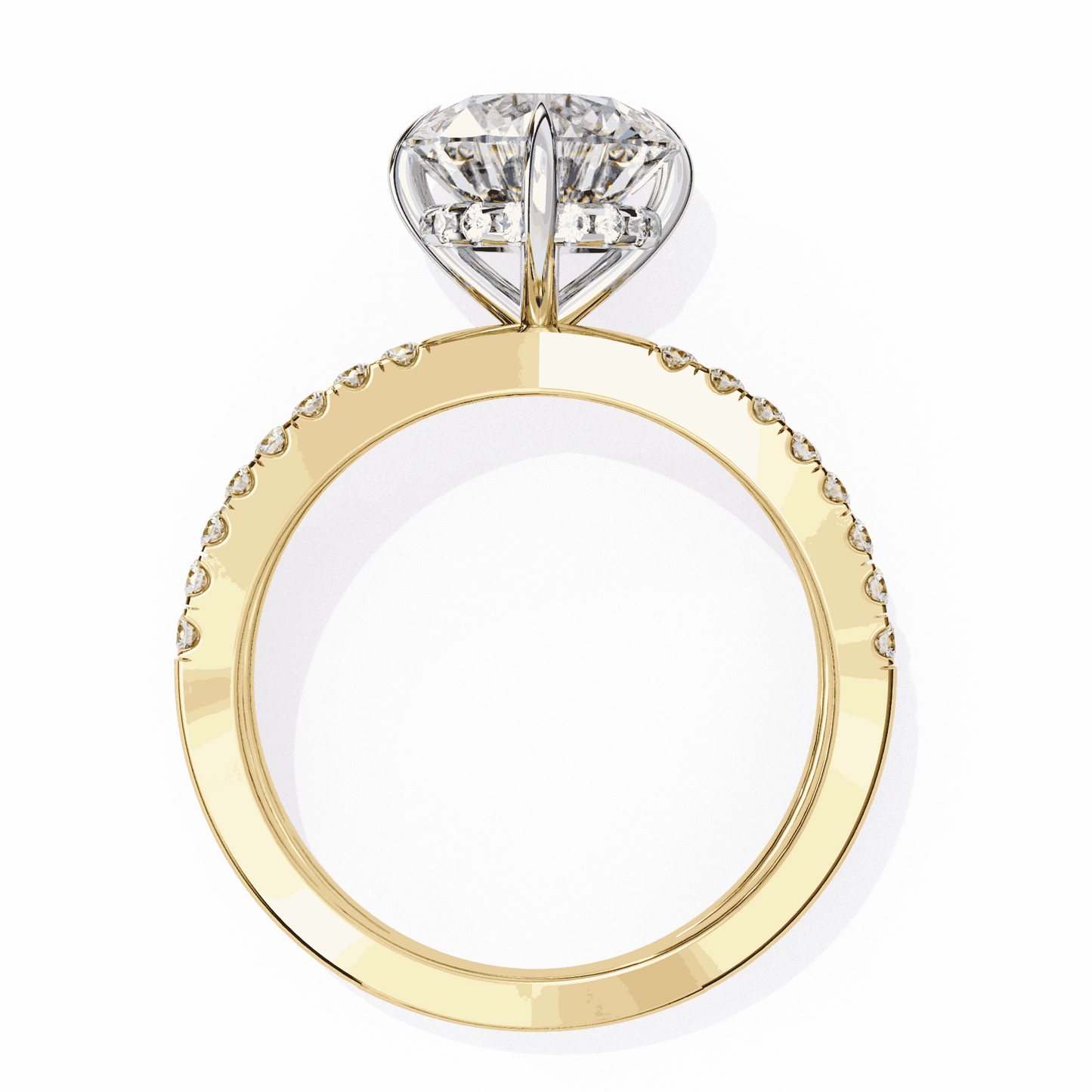 Round Cut Lab Grown Diamond Side Stone Engagement Ring with Pavé Crossover Shank
