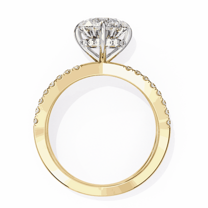 Round Cut Lab Grown Diamond Side Stone Engagement Ring with Pavé Crossover Shank