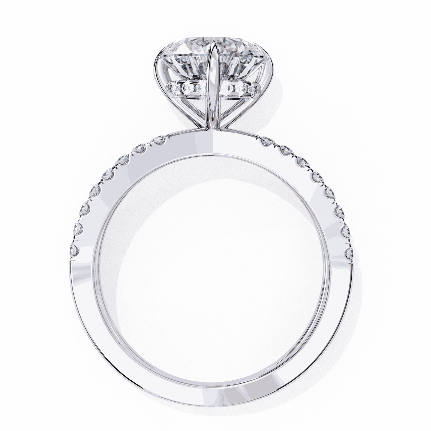 Round Cut Lab Grown Diamond Side Stone Engagement Ring with Pavé Crossover Shank