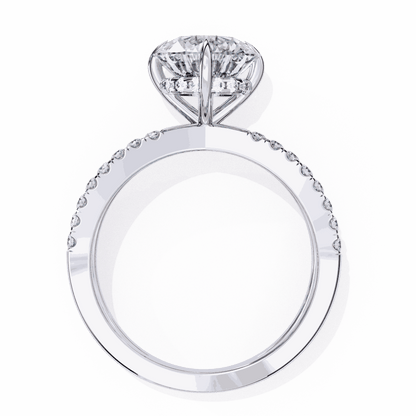Round Cut Lab Grown Diamond Side Stone Engagement Ring with Pavé Crossover Shank