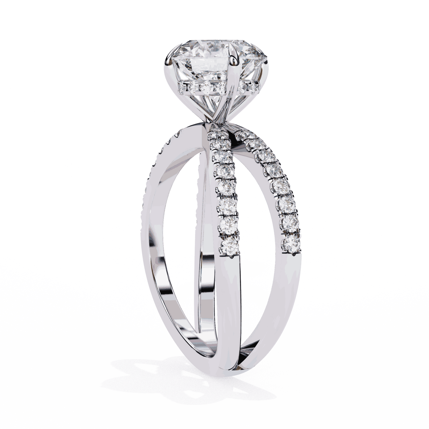 Round Cut Lab Grown Diamond Side Stone Engagement Ring with Pavé Crossover Shank