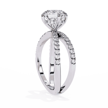 Round Cut Lab Grown Diamond Side Stone Engagement Ring with Pavé Crossover Shank