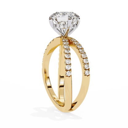 Round Cut Lab Grown Diamond Side Stone Engagement Ring with Pavé Crossover Shank