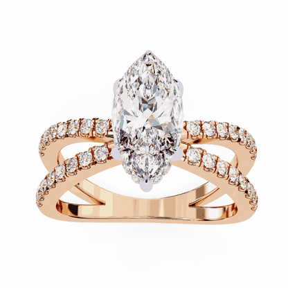 Marquise Cut Lab Grown Diamond Side Stone Engagement Ring with Pavé Crossover Shank