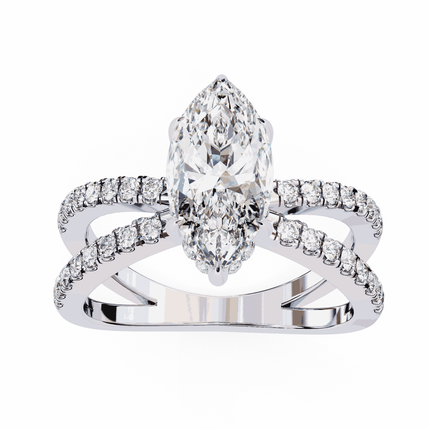 Marquise Cut Lab Grown Diamond Side Stone Engagement Ring with Pavé Crossover Shank