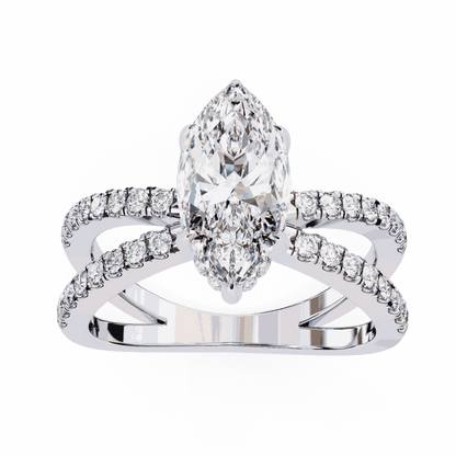 Marquise Cut Lab Grown Diamond Side Stone Engagement Ring with Pavé Crossover Shank