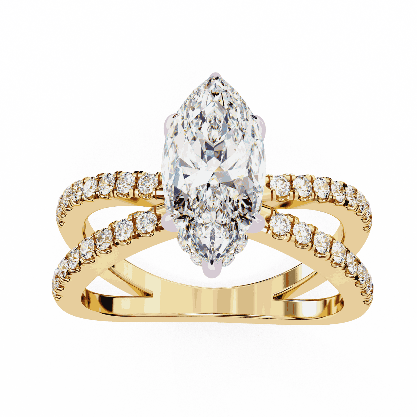 Marquise Cut Lab Grown Diamond Side Stone Engagement Ring with Pavé Crossover Shank