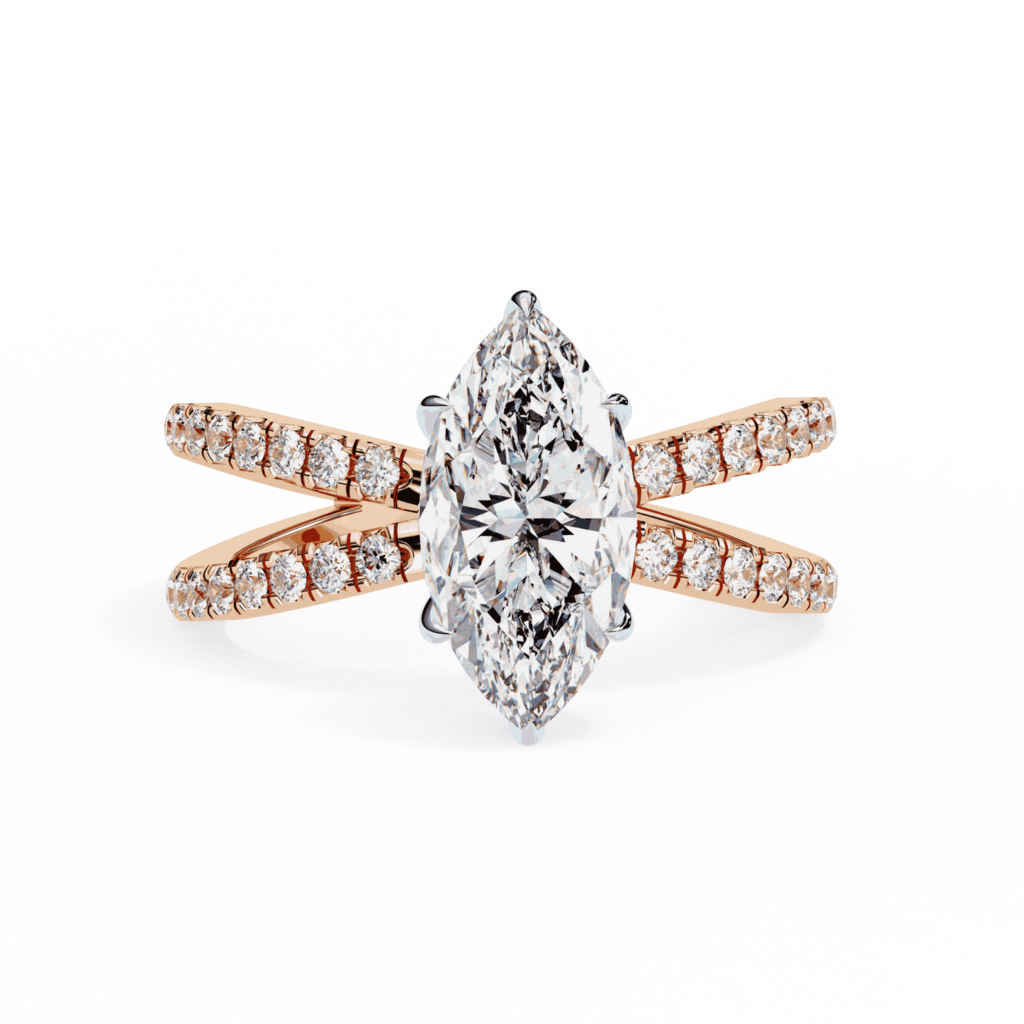 Marquise Cut Lab Grown Diamond Side Stone Engagement Ring with Pavé Crossover Shank
