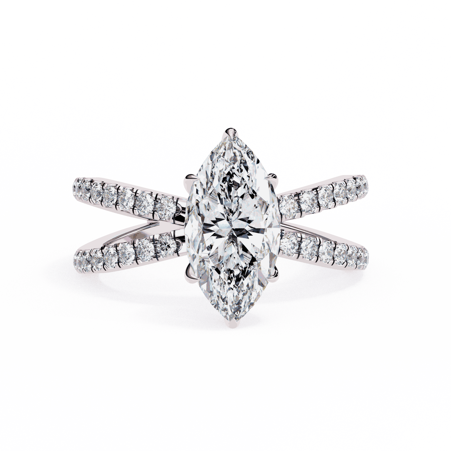 Marquise Cut Lab Grown Diamond Side Stone Engagement Ring with Pavé Crossover Shank