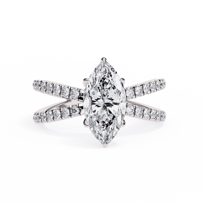 Marquise Cut Lab Grown Diamond Side Stone Engagement Ring with Pavé Crossover Shank