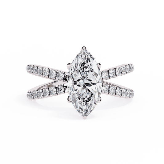 Marquise Cut Lab Grown Diamond Side Stone Engagement Ring with Pavé Crossover Shank