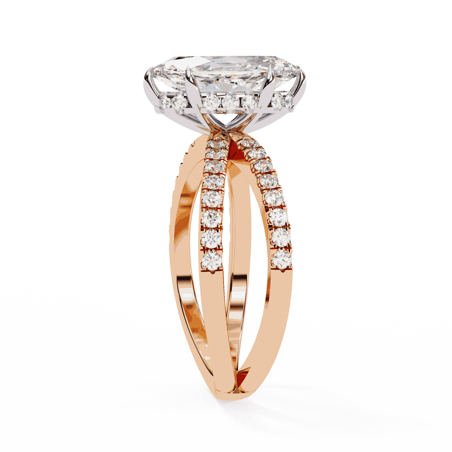 Marquise Cut Lab Grown Diamond Side Stone Engagement Ring with Pavé Crossover Shank