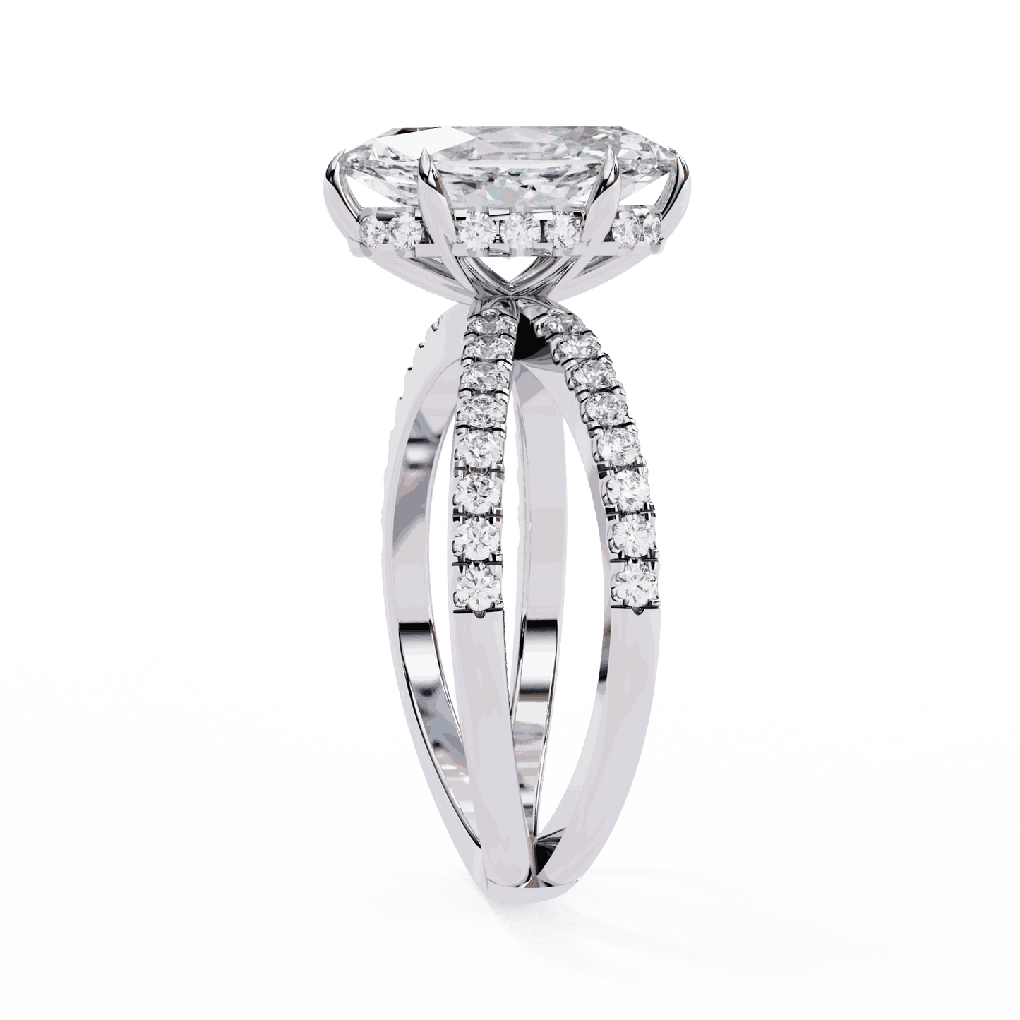 Marquise Cut Lab Grown Diamond Side Stone Engagement Ring with Pavé Crossover Shank