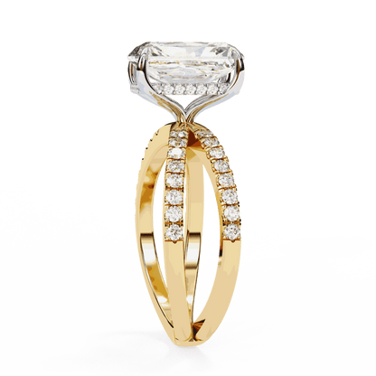 Radiant Cut Lab Grown Diamond Side Stone Engagement Ring with Pavé Crossover Shank