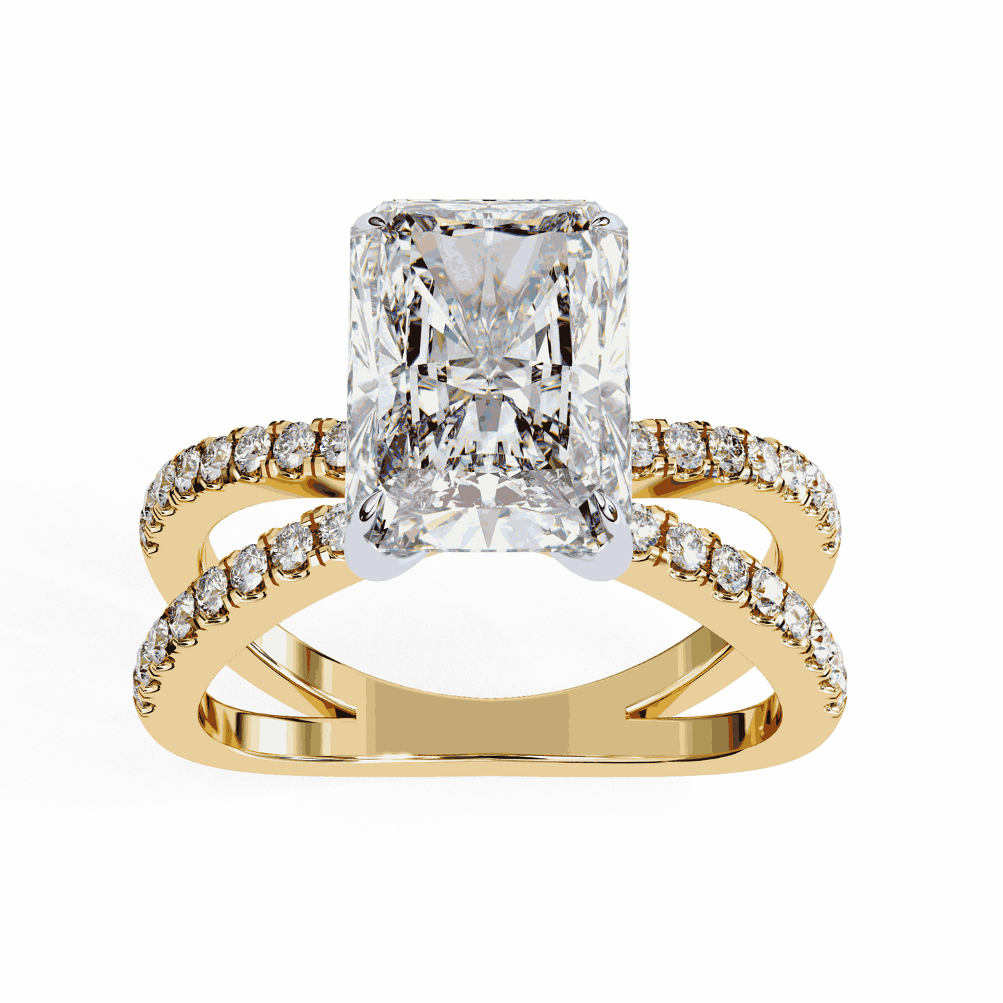 Radiant Cut Lab Grown Diamond Side Stone Engagement Ring with Pavé Crossover Shank