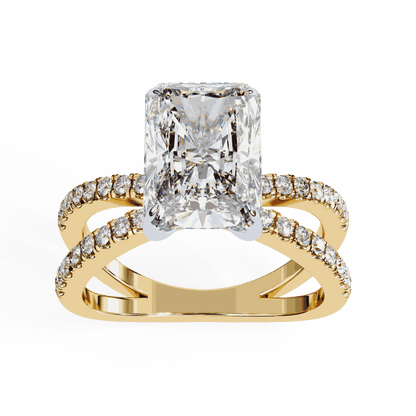 Radiant Cut Lab Grown Diamond Side Stone Engagement Ring with Pavé Crossover Shank