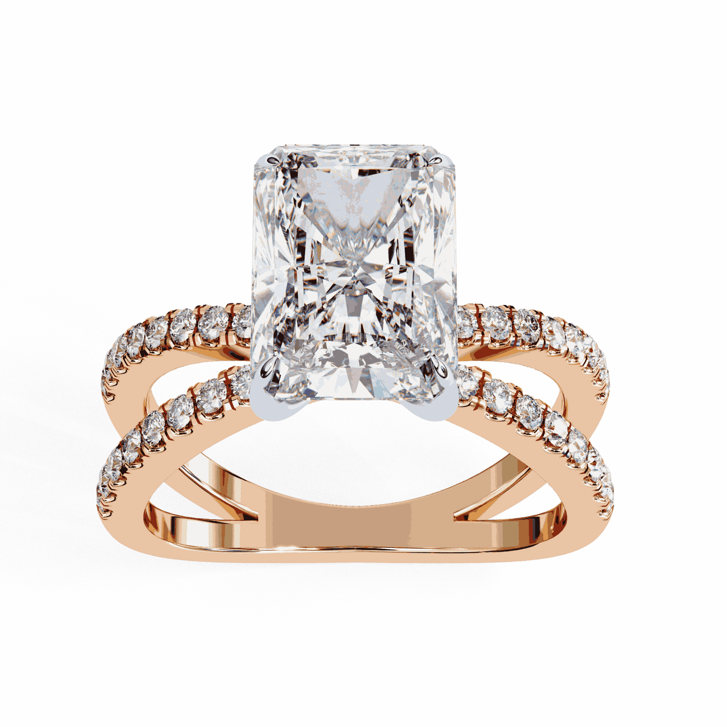 Radiant Cut Lab Grown Diamond Side Stone Engagement Ring with Pavé Crossover Shank