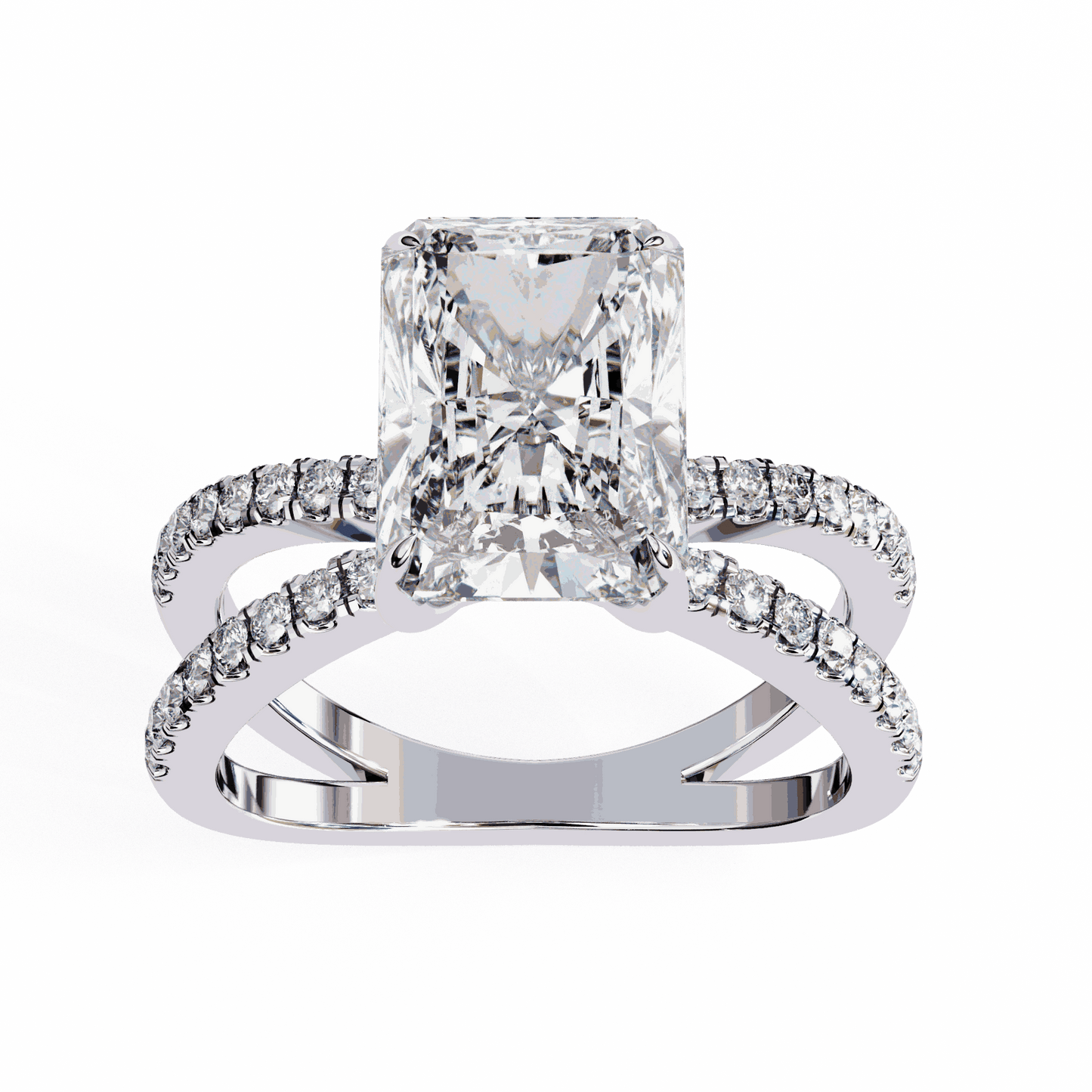 Radiant Cut Lab Grown Diamond Side Stone Engagement Ring with Pavé Crossover Shank