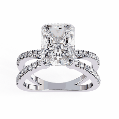 Radiant Cut Lab Grown Diamond Side Stone Engagement Ring with Pavé Crossover Shank
