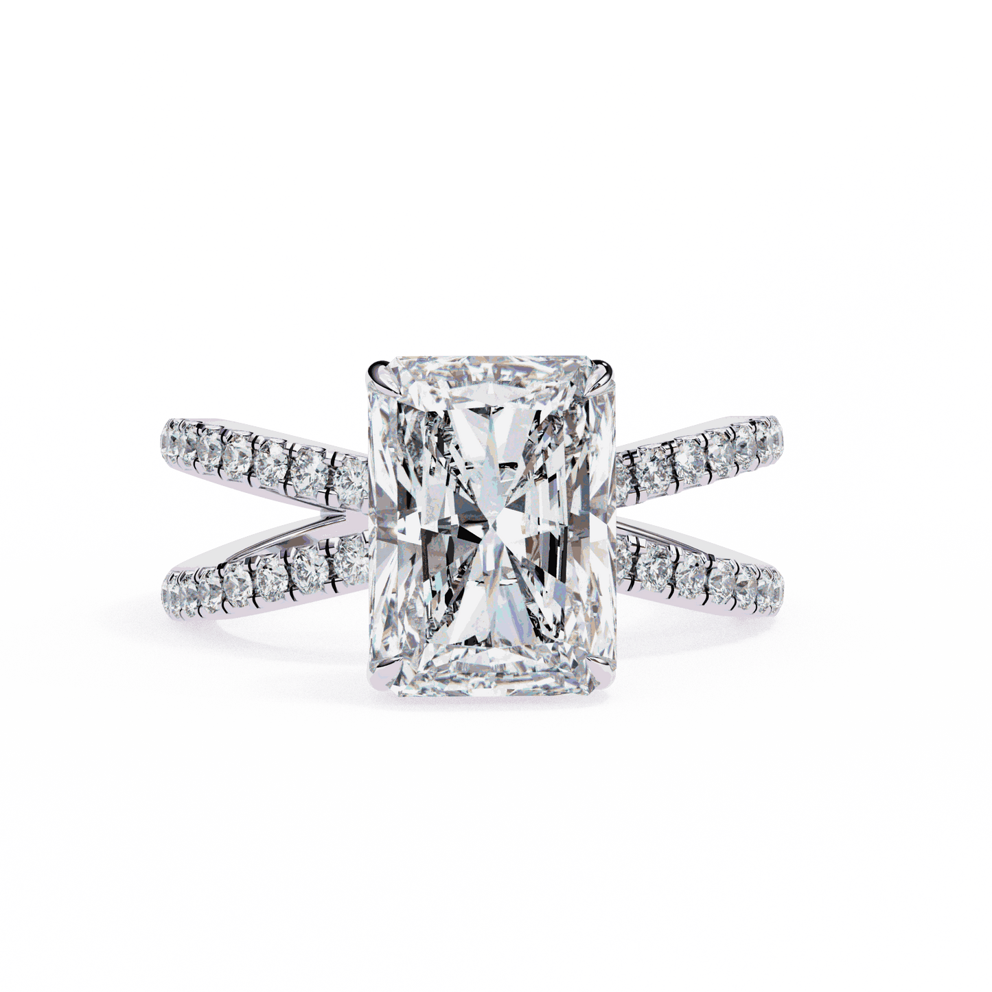 Radiant Cut Lab Grown Diamond Side Stone Engagement Ring with Pavé Crossover Shank