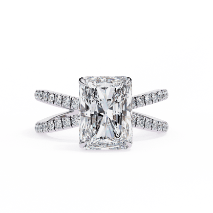 Radiant Cut Lab Grown Diamond Side Stone Engagement Ring with Pavé Crossover Shank