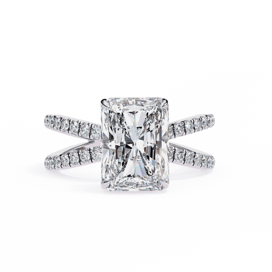 Radiant Cut Lab Grown Diamond Side Stone Engagement Ring with Pavé Crossover Shank
