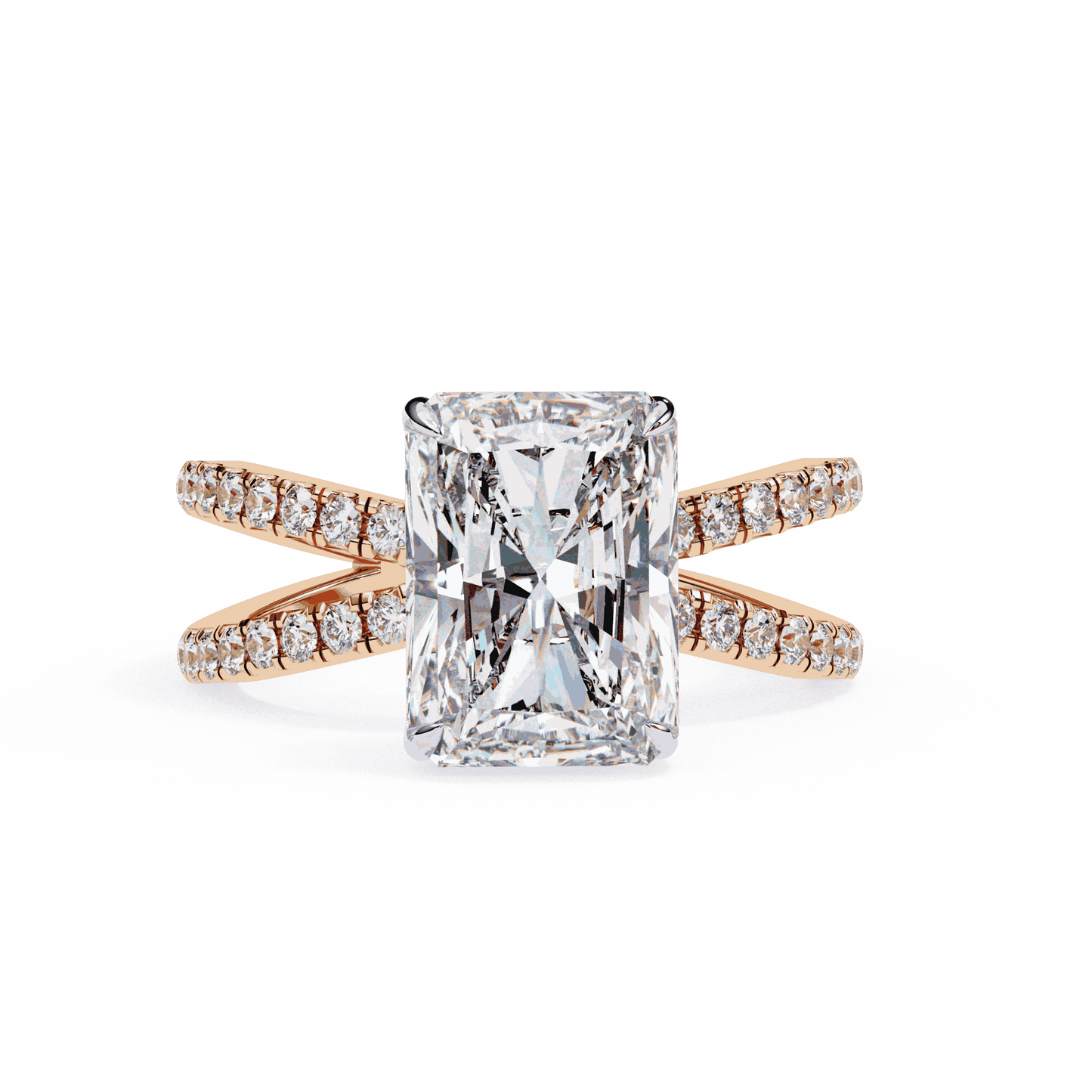 Radiant Cut Lab Grown Diamond Side Stone Engagement Ring with Pavé Crossover Shank