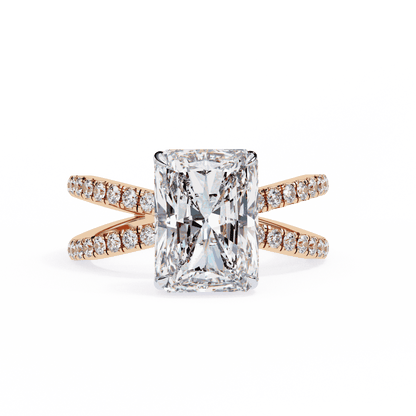 Radiant Cut Lab Grown Diamond Side Stone Engagement Ring with Pavé Crossover Shank