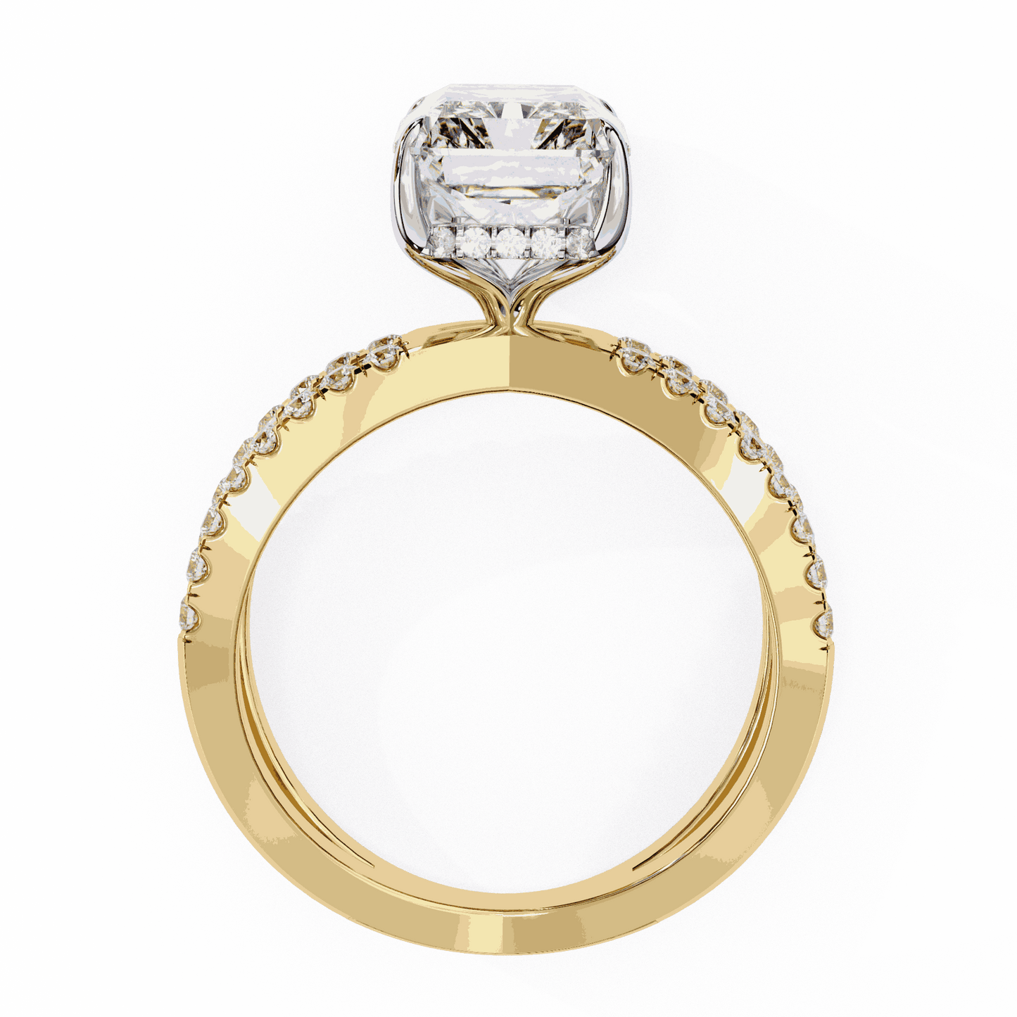 Radiant Cut Lab Grown Diamond Side Stone Engagement Ring with Pavé Crossover Shank