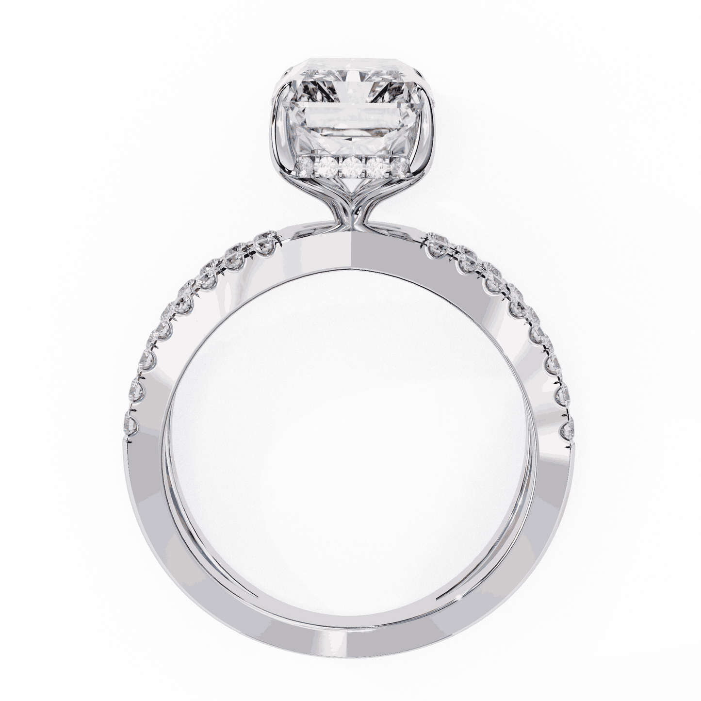 Radiant Cut Lab Grown Diamond Side Stone Engagement Ring with Pavé Crossover Shank