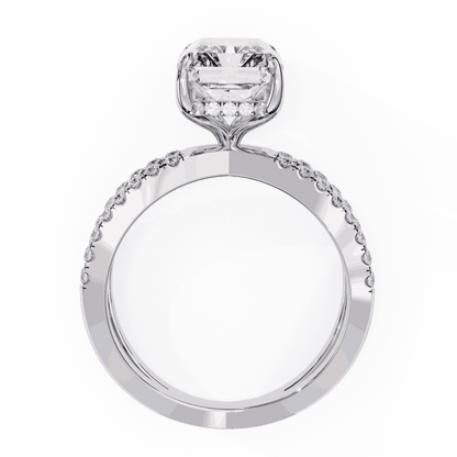 Radiant Cut Lab Grown Diamond Side Stone Engagement Ring with Pavé Crossover Shank