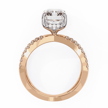 Radiant Cut Lab Grown Diamond Side Stone Engagement Ring with Pavé Crossover Shank