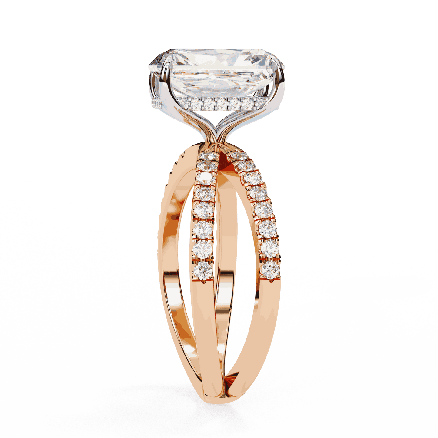 Radiant Cut Lab Grown Diamond Side Stone Engagement Ring with Pavé Crossover Shank