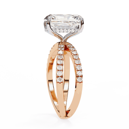 Radiant Cut Lab Grown Diamond Side Stone Engagement Ring with Pavé Crossover Shank