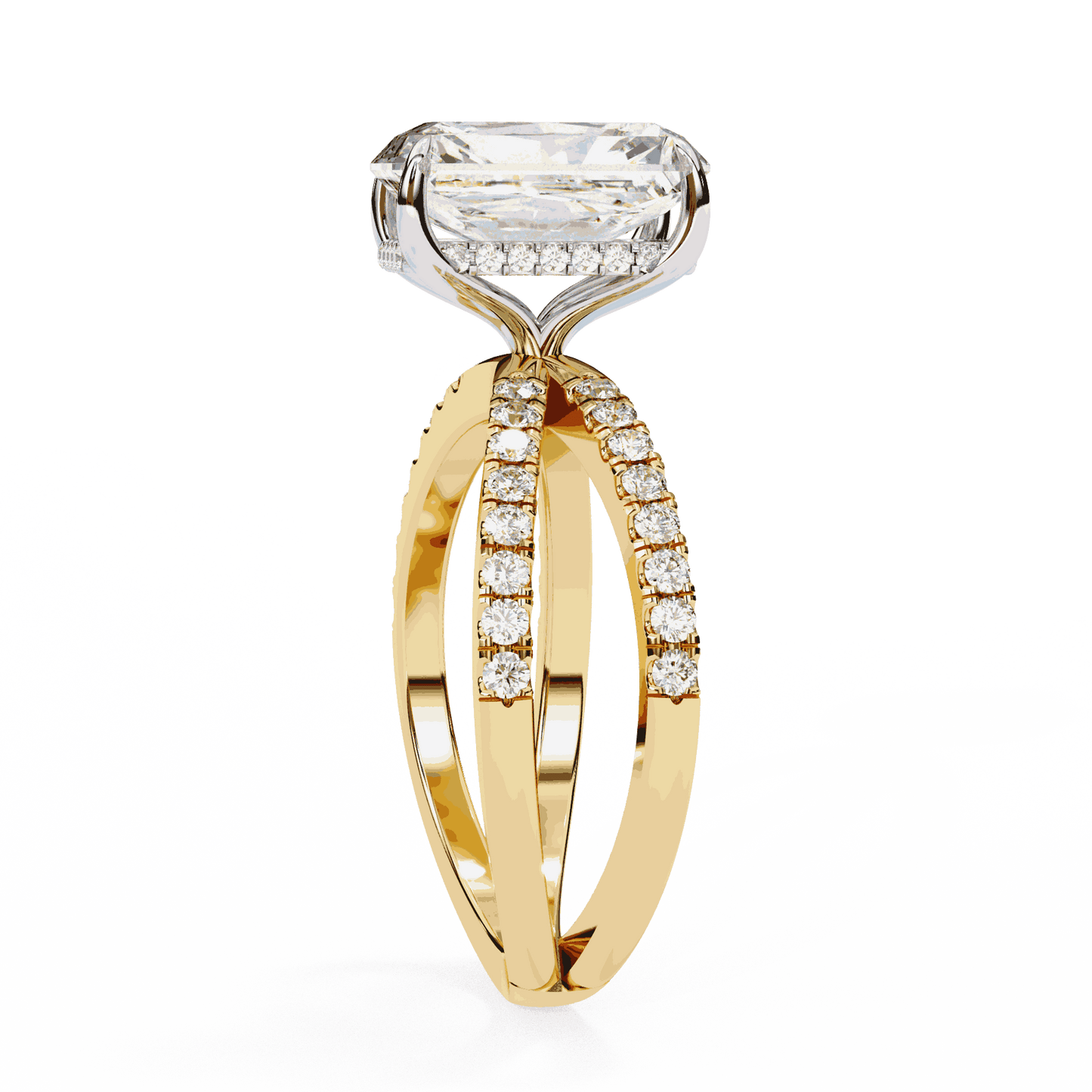 Emerald Cut Lab Grown Diamond Side Stone Engagement Ring with Pavé Crossover Shank