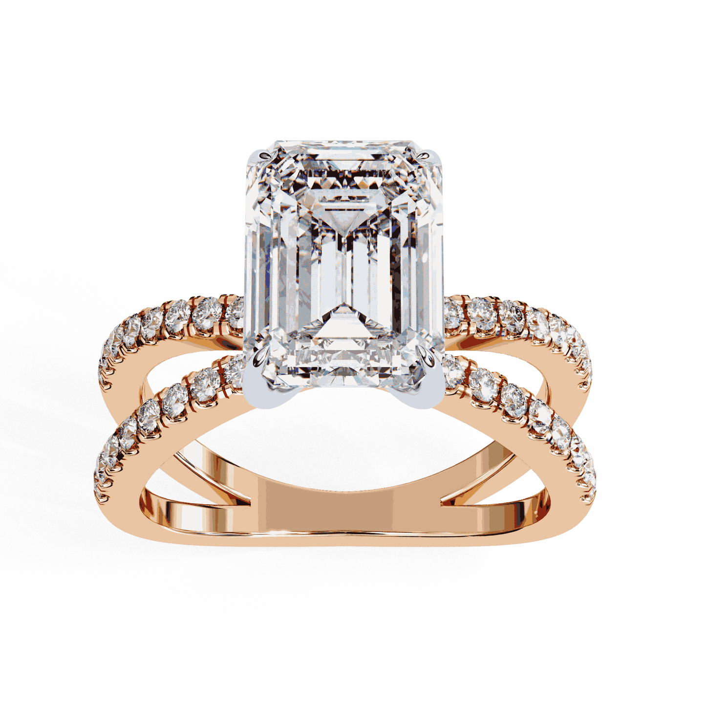 Emerald Cut Lab Grown Diamond Side Stone Engagement Ring with Pavé Crossover Shank
