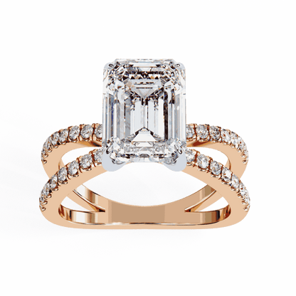 Emerald Cut Lab Grown Diamond Side Stone Engagement Ring with Pavé Crossover Shank