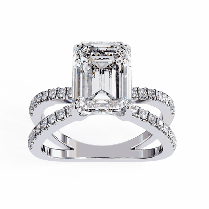 Emerald Cut Lab Grown Diamond Side Stone Engagement Ring with Pavé Crossover Shank