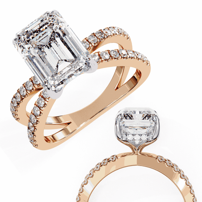 Emerald Cut Lab Grown Diamond Side Stone Engagement Ring with Pavé Crossover Shank