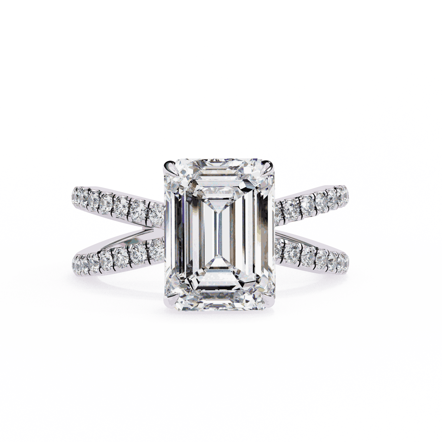 Emerald Cut Lab Grown Diamond Side Stone Engagement Ring with Pavé Crossover Shank