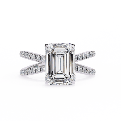 Emerald Cut Lab Grown Diamond Side Stone Engagement Ring with Pavé Crossover Shank