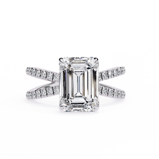 Emerald Cut Lab Grown Diamond Side Stone Engagement Ring with Pavé Crossover Shank