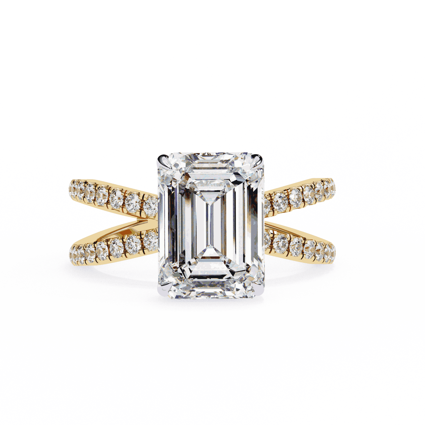Emerald Cut Lab Grown Diamond Side Stone Engagement Ring with Pavé Crossover Shank