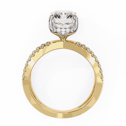 Emerald Cut Lab Grown Diamond Side Stone Engagement Ring with Pavé Crossover Shank