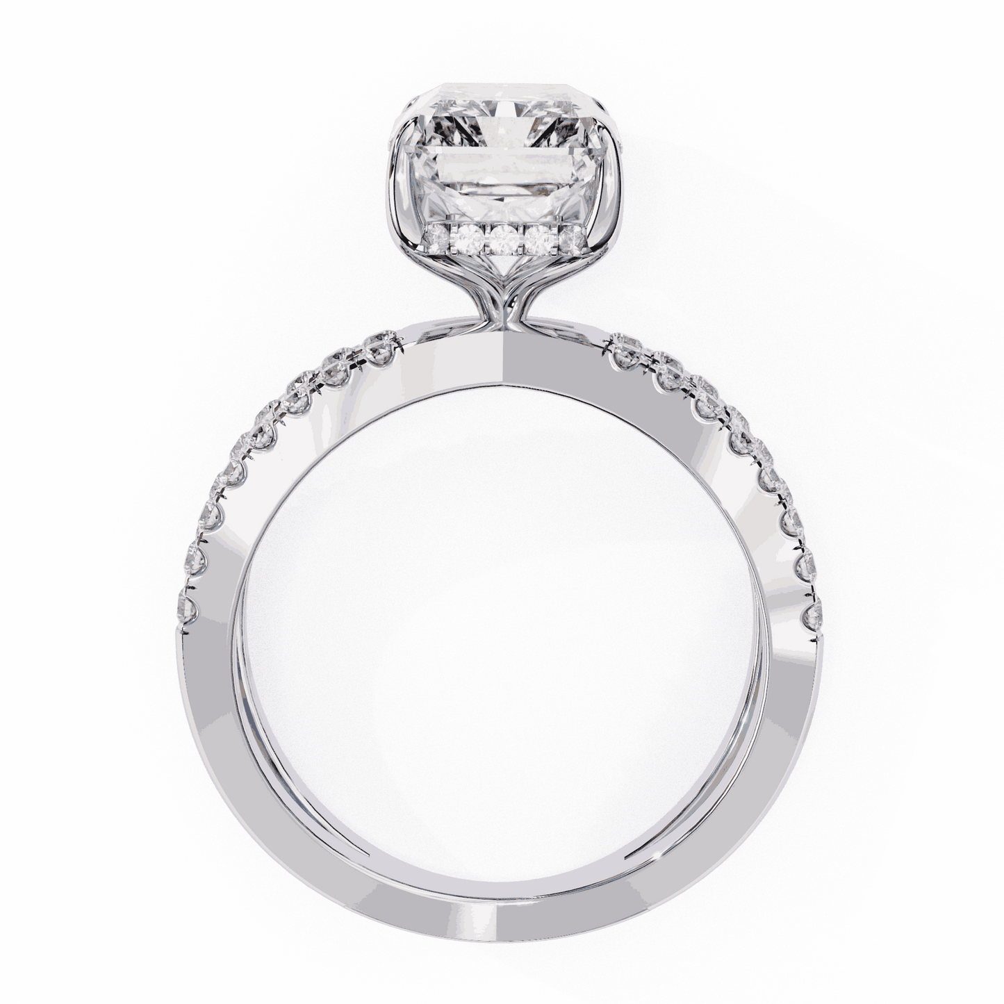 Emerald Cut Lab Grown Diamond Side Stone Engagement Ring with Pavé Crossover Shank