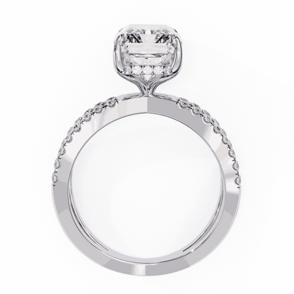 Emerald Cut Lab Grown Diamond Side Stone Engagement Ring with Pavé Crossover Shank
