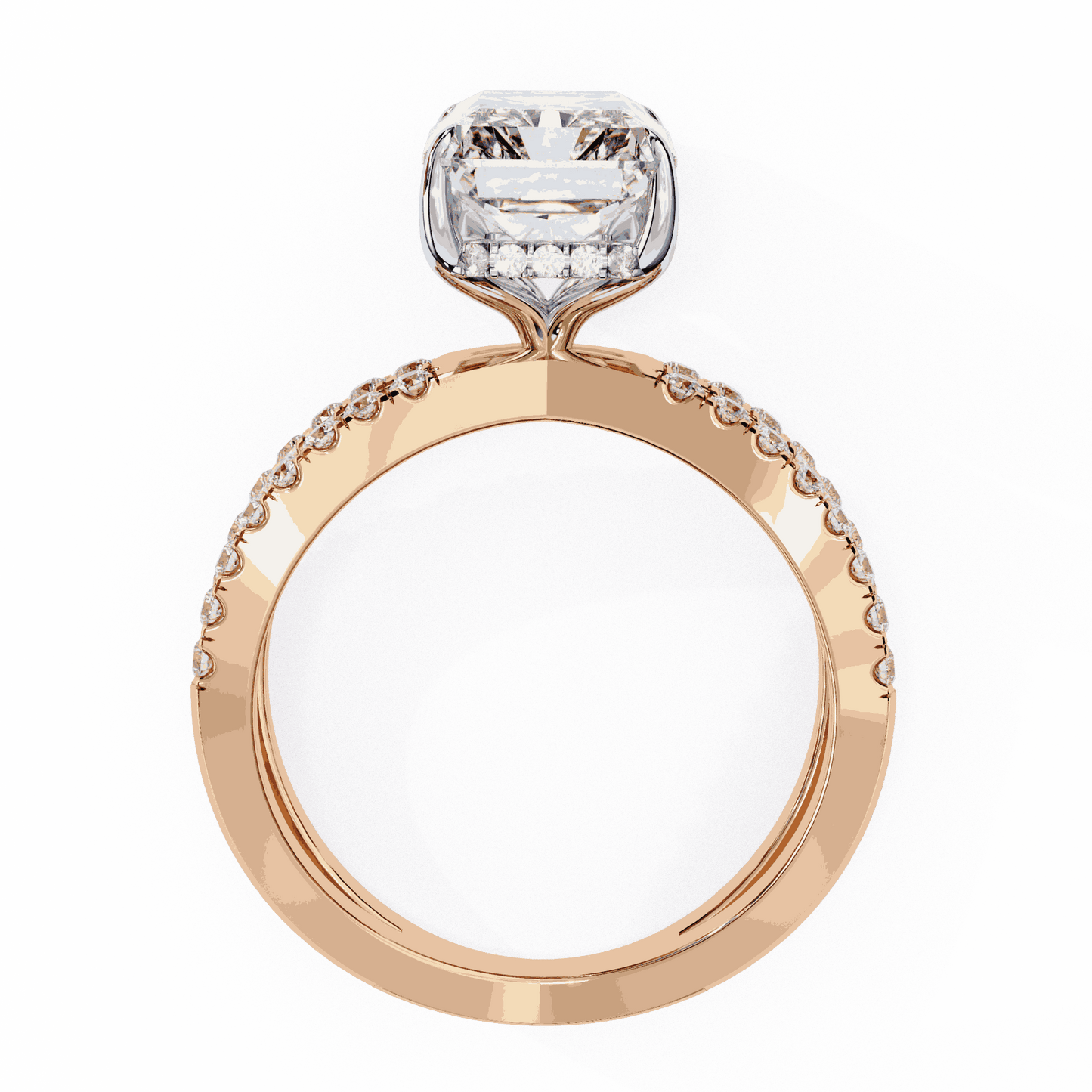 Emerald Cut Lab Grown Diamond Side Stone Engagement Ring with Pavé Crossover Shank