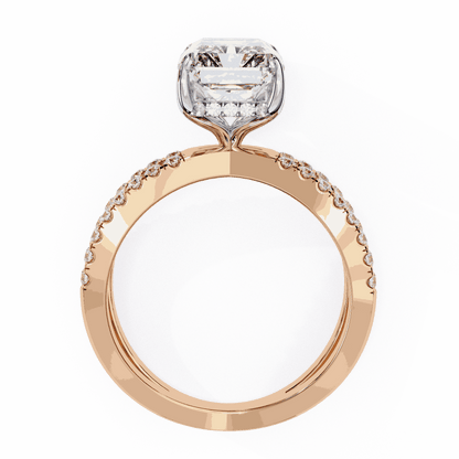 Emerald Cut Lab Grown Diamond Side Stone Engagement Ring with Pavé Crossover Shank