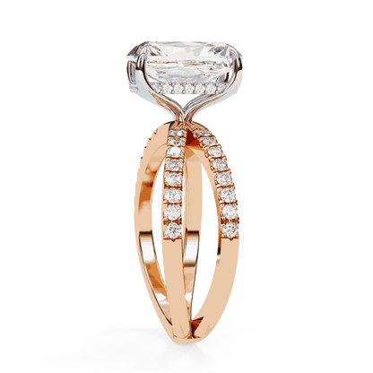 Emerald Cut Lab Grown Diamond Side Stone Engagement Ring with Pavé Crossover Shank