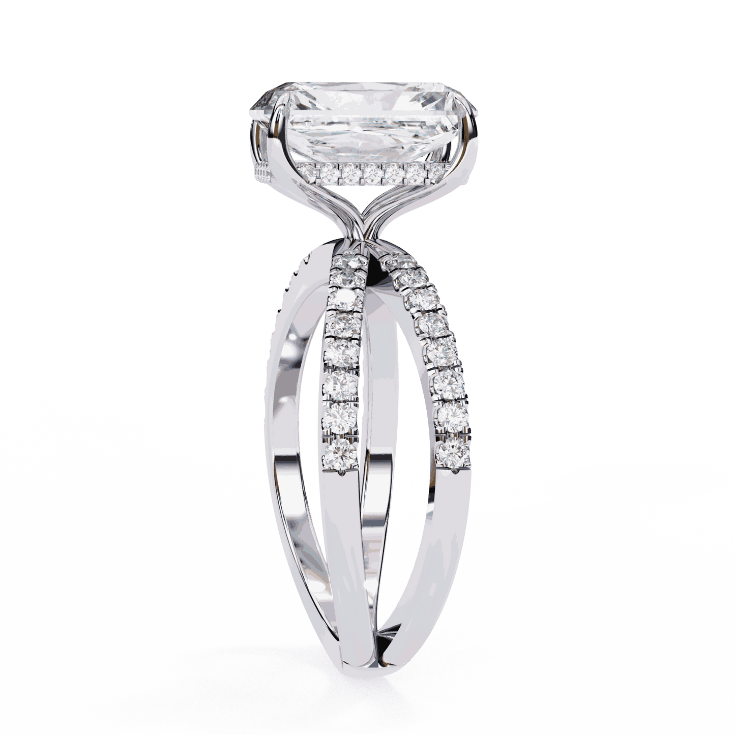 Emerald Cut Lab Grown Diamond Side Stone Engagement Ring with Pavé Crossover Shank